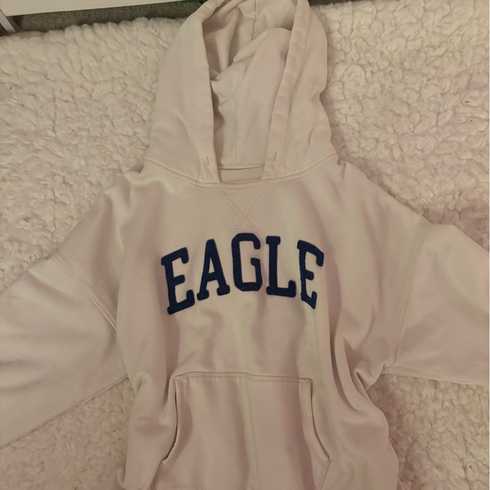 American Eagle Outfitters Cream Hoodie with Blue Lettering